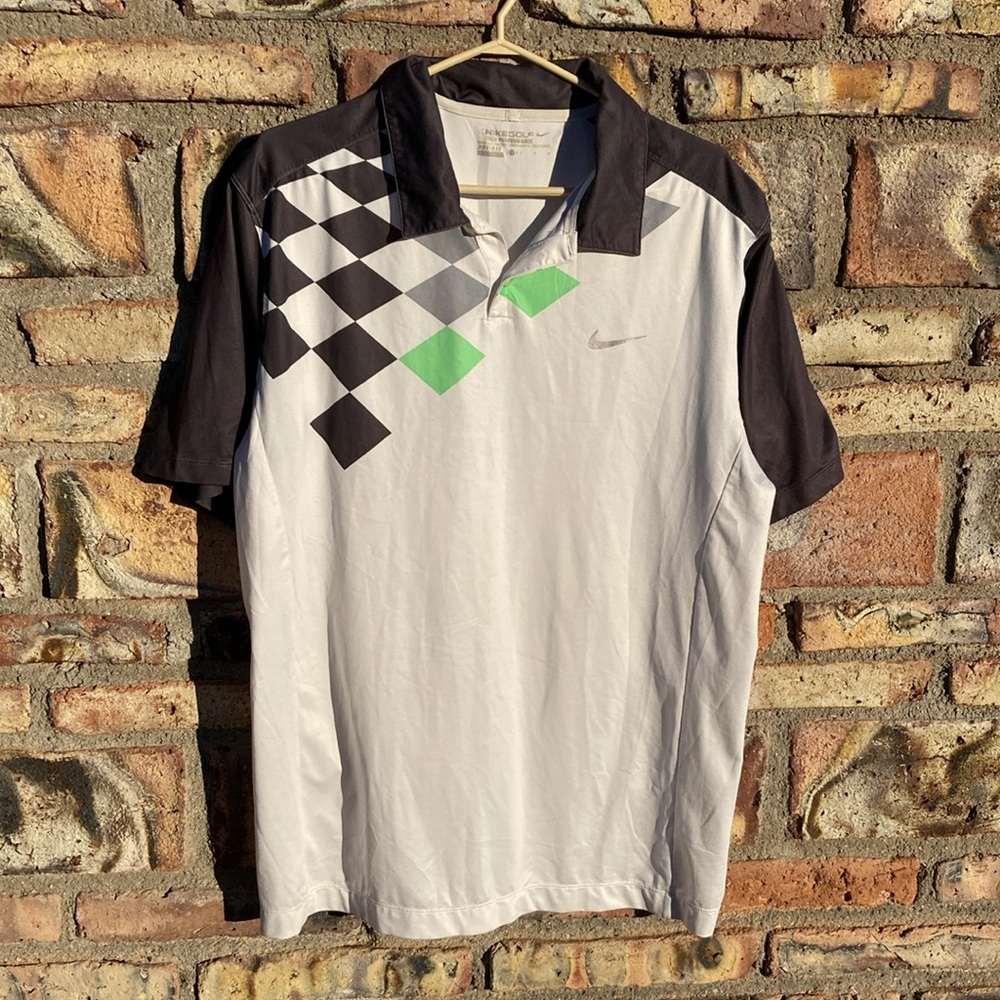 Nike Golf Tour Performance Mens Sz L Polo Shirt Dri Fit White Grey Green Stretch